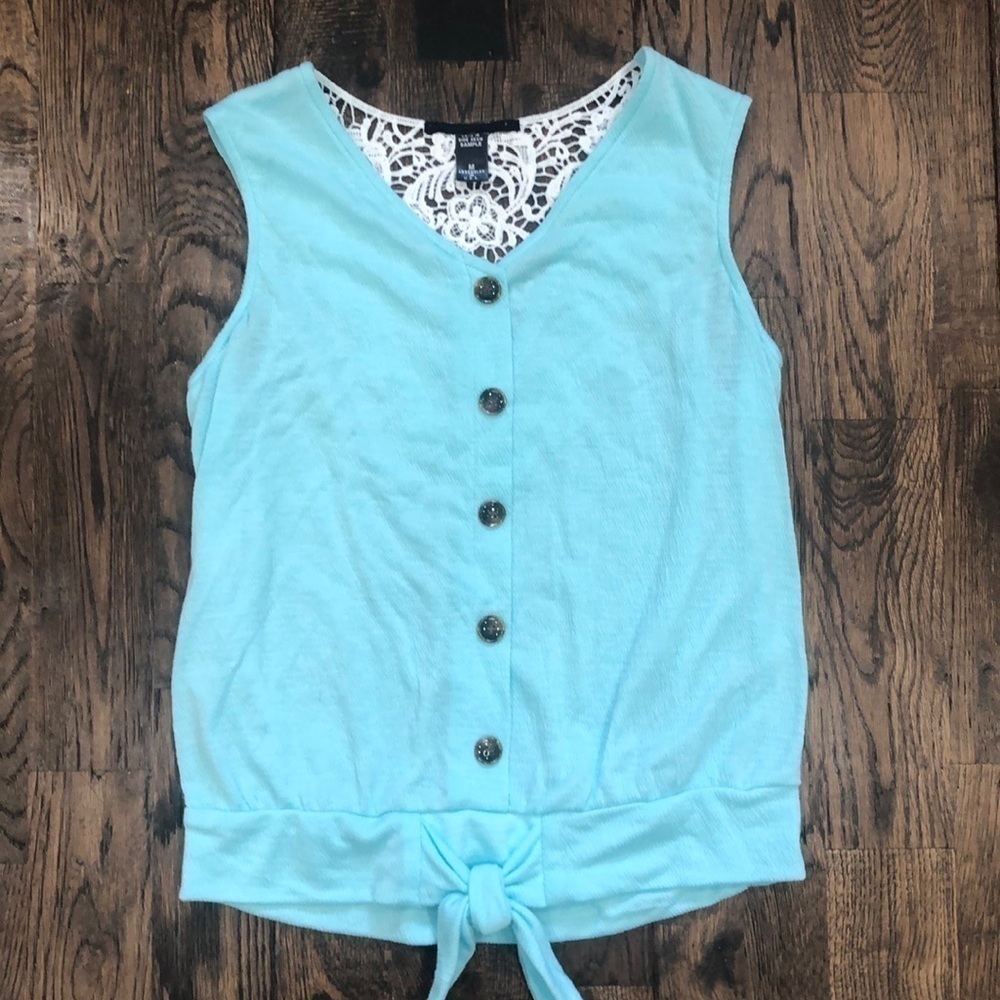 Girls Blue Sleeveless Lace Back Top Medium